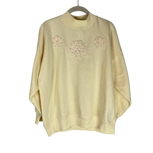 Vintage yellow floral appliqué beaded mock neck sweatshirt - Picture 1 of 9